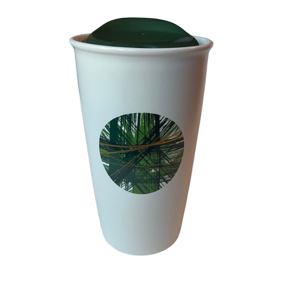 STARBUCKS 12oz Graphic Green Dot Ceramic Coffee Tea Travel Mug 2014